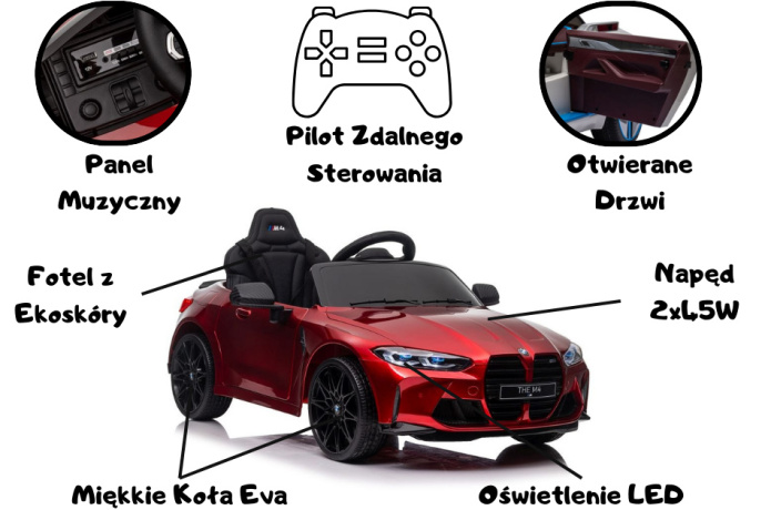 Auto Na Akumulator BMW M4 Czerwone Lakierowane Parametry